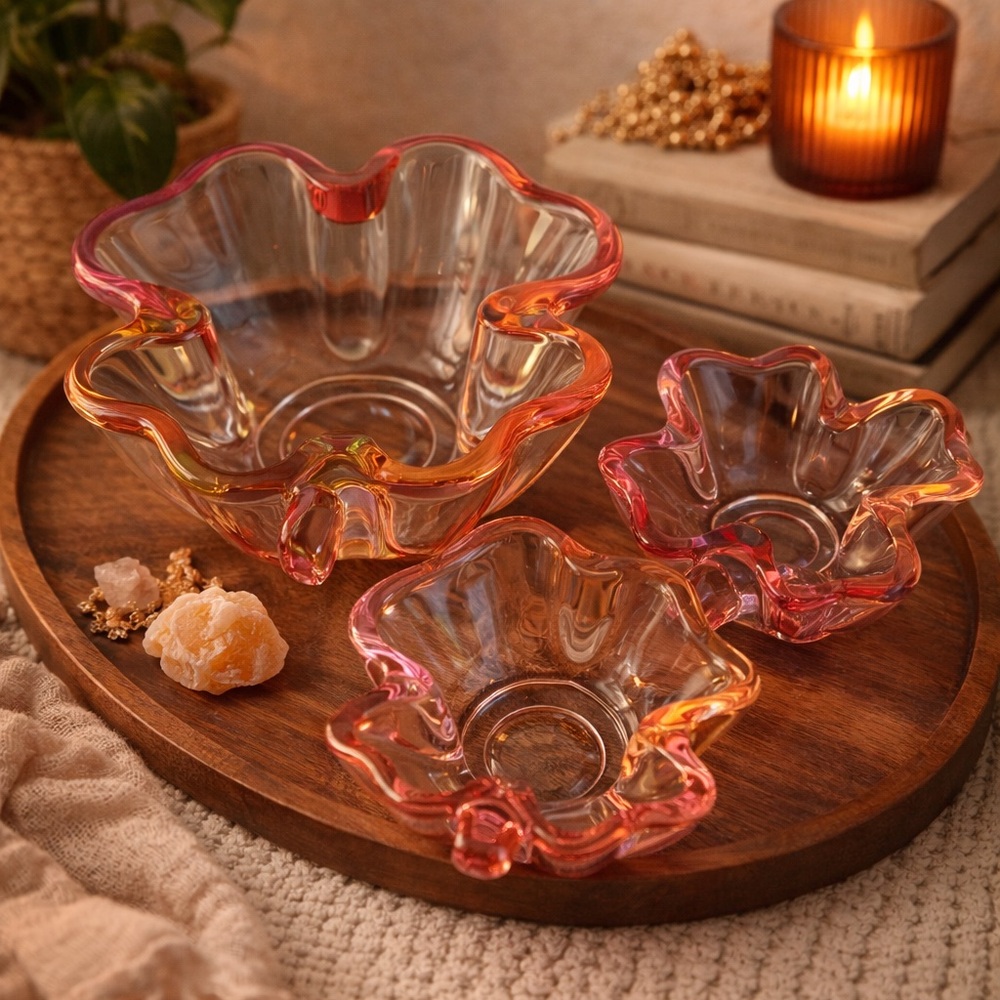 Hand-Blown Pink 4 Leaf Clover Glass Bowls - Set of 3